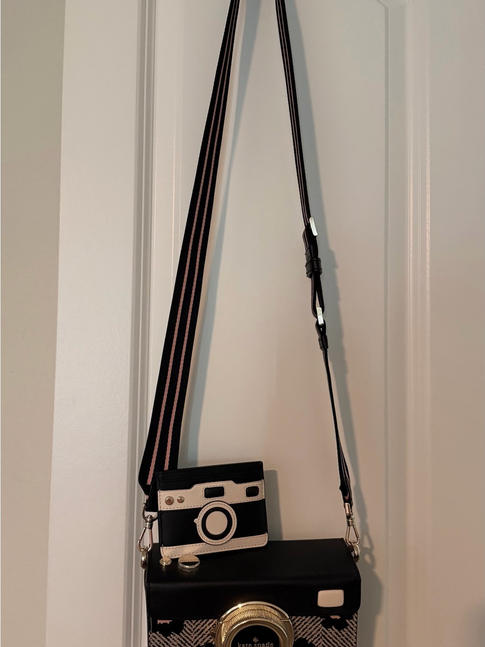 kate spade Black and Cream Crossbody Camera Bag with Stripe Strap
